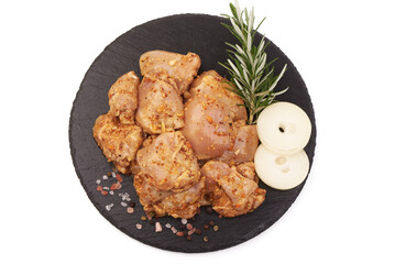 Chicken kebab, ready to cook, BBQ, isolated on white background.