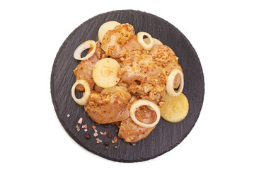 Chicken kebab, ready to cook, BBQ, isolated on white background.