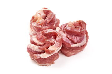 Fresh meat rolls, wrapped meat, isolated on white background.