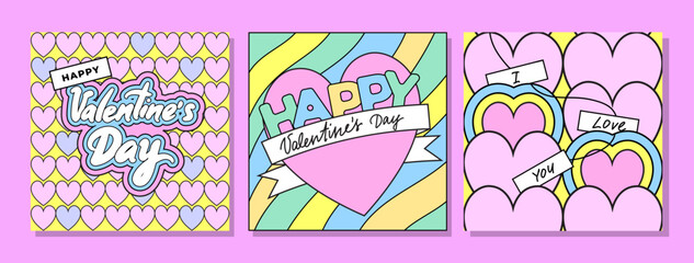 Set of 90s style retro Happy Valentine's day banners for social media. 2000s vibe. Vintage  groovy hearts, lettering, patterns
