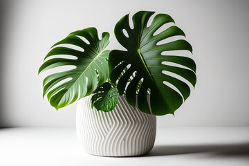 Fresh Monstera deliciosa tree for decoration that has been placed in a white ceramic container, isolated on a white backdrop. Large glossy green leaves on a fresh Swiss cheese plant. Generative AI