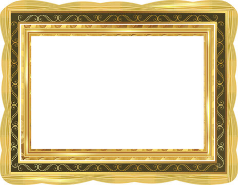Transparent empty painting or picture frame with golden engraved and carved Thai wooden borders. Decorative retro ornamental detailed picture frame. Old classic baroque golden frame.