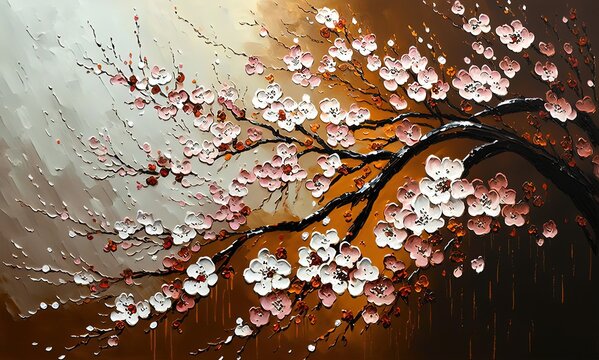 oil painting style illustration of beautiful plum or cherry blossom branch