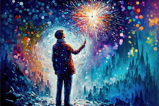 a man using a long sparkler in winter, fantastic fairytale style oil, generative ai technology
