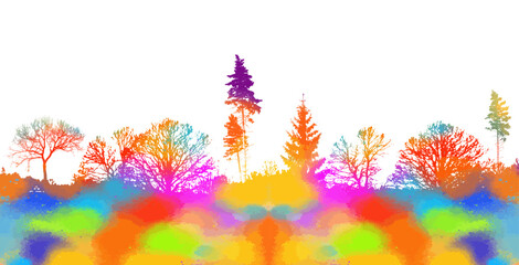 Obraz na płótnie Canvas Forest colorful silhouette . Tree silhouette panorama. watercolor landscape. Mixed media. Vector illustration