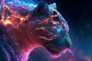 Foto op Plexiglas Fantasy panther at universe with the sky full of stars and aurora. Beautiful volumetric lights and atmosphere.   Digitally generated AI image © 0livia