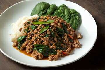 illustration of close up traditional Thai cuisine dish, Pad Kra Pao, stir-fried basil with minced meat - obrazy, fototapety, plakaty