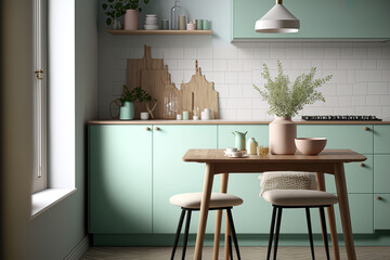 Fototapeta na wymiar Green pastel counter and cabinet, a wooden dining table, and chiar twigs in a vase are used in this modern Japandi mock up of a room's interior design and decorating. kitchen counter and space