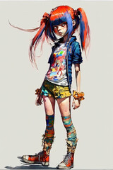 a cool rebel young girl in anime manga style, different colors, generative ai technology
