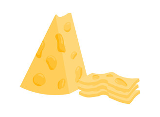 Triangular piece of cheese with holes and cut slices. Dairy products. Illustration isolated design