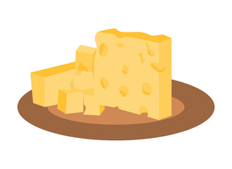 Yellow hard cheese with holes and cut square pieces on plate. Dairy products. Illustration isolated design
