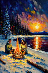 a young couple in winter sitting on a bonfire, oil painting style, generative ai technology
