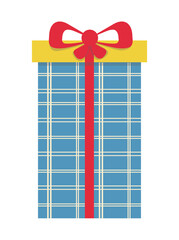 Festive gift in box with blue checkered wrapping paper, red ribbon and bow. Illustration isolated design