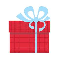 Festive gift in square box with red wrapping paper, blue ribbon and bow. Illustration isolated design