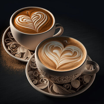 2 cups of coffee with hearts. Generative AI picture.