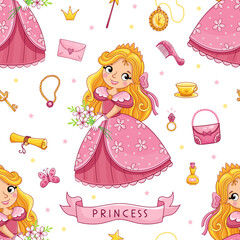 Cartoon seamless pattern with hand drawn cute little princess girl and design elements.. Vector illustration. - 558457749