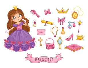 Big set of a beautiful little princess in a purple dress and design elements. Accessories for a doll in a cartoon style. Vector illustration.