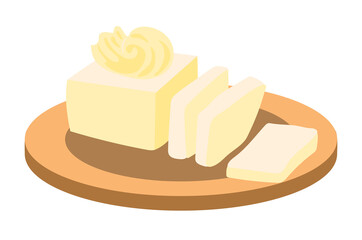 Butter with cut pieces on wooden plate. Fat milk ingredient for cooking and baking. Illustration isolated design
