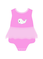 Pink bodysuit with cute whale and skirt for baby girl. Clothing for infant kids. Illustration isolated design