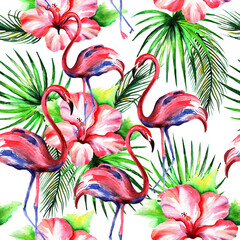 Fototapeta premium Watercolor flamingos and hibiscus flowers in a seamless pattern. Can be used as fabric, wallpaper, wrap.