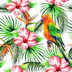 Fototapeta premium Watercolor parrots with hibiscus flowers and tropical leaves in a seamless pattern. Can be used as fabric, wallpaper, wrap.