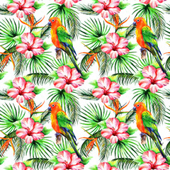 
Watercolor parrots with hibiscus flowers and tropical leaves in a seamless pattern. Can be used as fabric, wallpaper, wrap.