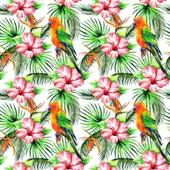   Watercolor parrots with hibiscus flowers and tropical leaves in a seamless pattern. Can be used as fabric, wallpaper, wrap. © Ulia