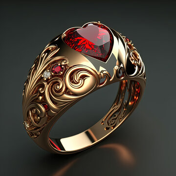 golden ring with red ruby heart. Generative AI picture.