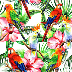 
Watercolor parrots with hibiscus flowers and tropical leaves in a seamless pattern. Can be used as fabric, wallpaper, wrap.