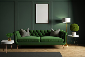 Mock up of a home's interior featuring a green sofa, table, and living room dcor. Generative AI