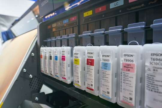 COLOGNE, GERMANY - CIRCA SEPTEMBER, 2018: close up shot of Epson SureColor SC-S80600 at Photokina Exhibition. Photokina is a trade fair held in Europe for the photographic and imaging industries.