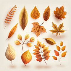 Assortment of autumn leaves, flat colors design, isolated on white background. Generative AI.