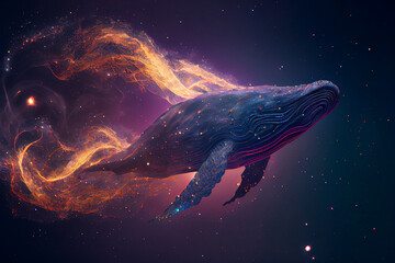 Obraz na płótnie Canvas Fantasy humpback whale at universe with the sky full of stars and aurora. Beautiful volumetric lights and atmosphere. Digitally generated AI image