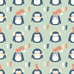 Winter penguins with christmas trees seamless pattern. Perfect print for tee, textile and fabric. Hand drawn illustration for decor and design.