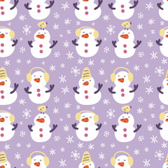 Winter seamless pattern with snowmen, snowflakes and birds. Childish print for tee, paper, fabric, textile. Hand drawn illustration for decor and design.