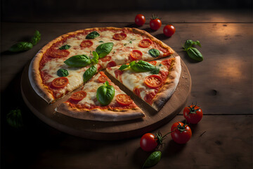 Tomato Mozzarella Pizza on a Wooden Plate and Table, Generative AI