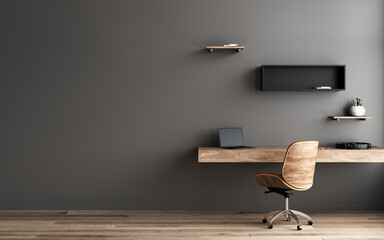 Modern home office or workplace with hanging wooden table, office chair, laptop. Black decorative bookshelf. Coworking office. 3d rendering. Coworking space. Template. Gray wall.