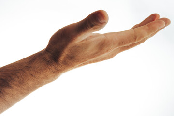 Male hand shows open palm. Isolated on white background.
