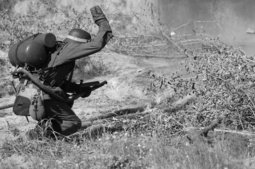 German soldier with flame-thrower. WW2 reenactment in Kiev, Ukraine