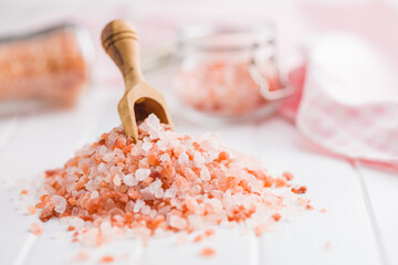 Pink himalayan salt on kitchen table.