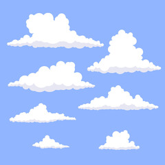 seven curly clouds on a blue background
