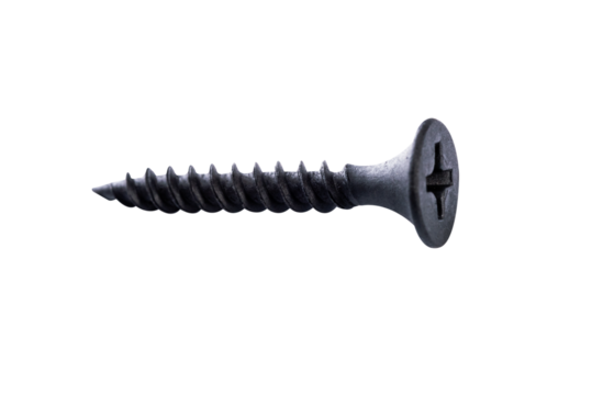 Single new metal black screw isolated on a transparent background in close-up.