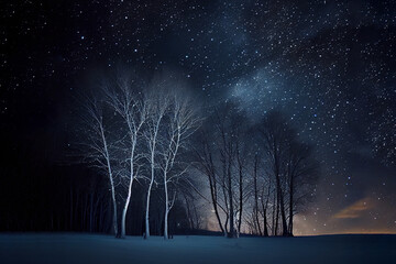 snow-covered trees over starry sky background. Generative Ai
