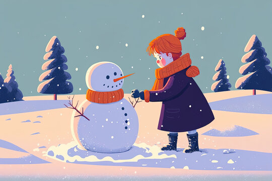 Concept Of A Woman Building A Snowman On A Chilly Winter Day. Generative AI