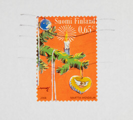 stamp briefmarke vintage retro used gebraucht gestempelt frankiert cancel papier paper post letter mail brief christmals xmas weihnachten orange finlansd suomi tannenbaum kerze cnadle angle engel ast