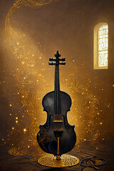 A black violin with golden strings. - obrazy, fototapety, plakaty
