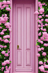 Fototapeta na wymiar Beautiful door, stone wall in flowers.