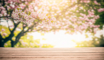 Naklejka na ściany i meble Empty wood table top and blurred sakura flower tree in garden background, for display or montage your products. 