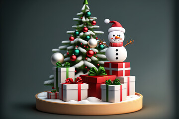 Christmas greetings with a platform, a snowman, and gift boxes. Generative AI