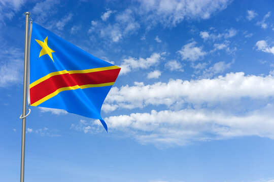 Democratic Republic of the Congo Flag Over Blue Sky Background. 3D Illustration